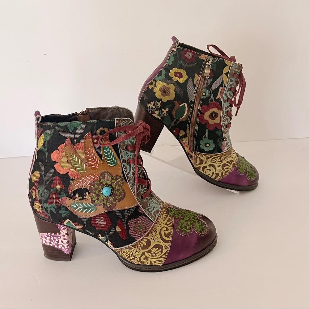 Floral Embellished Heeled Ankle Boots Gracosy leather and fabric EU 41 - Picture 2 of 6